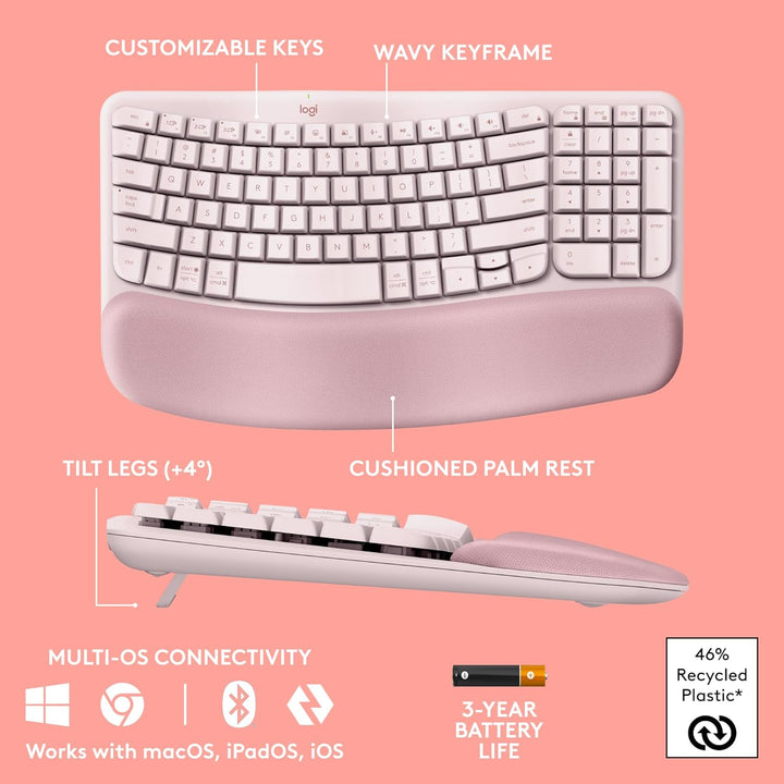 Logitech Wave Keys - Teclado inalámbrico ergonómico con reposamuñec...