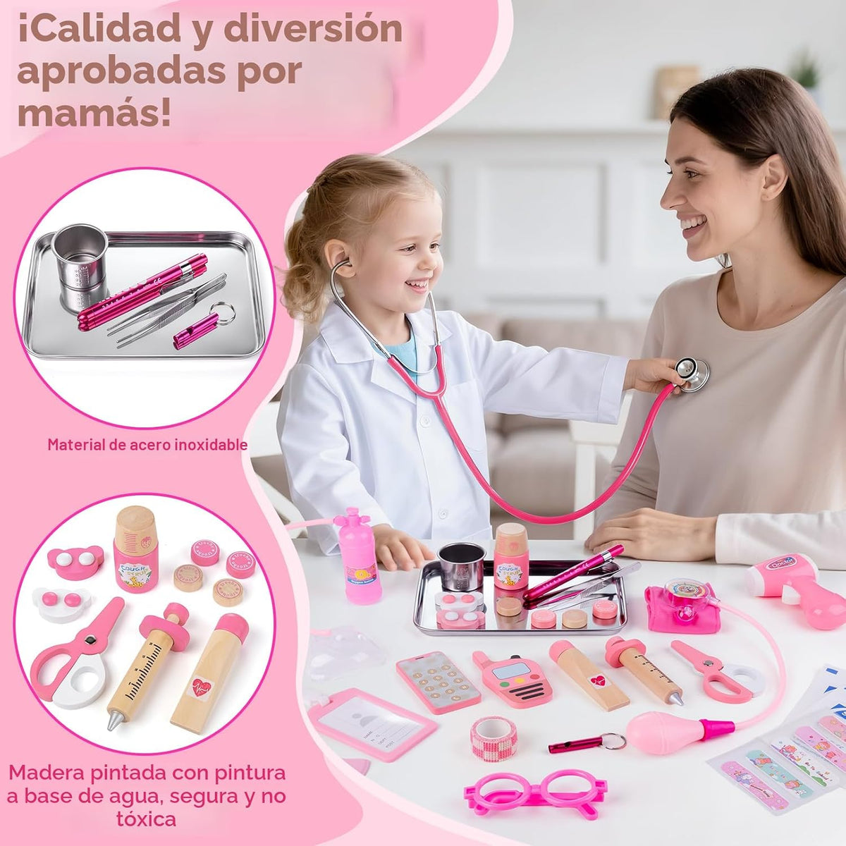 Kit de Doctor para Niñas, kit de Doctor de 34 piezas para niños pequeños de 3 a 5 años con bolsa de almacenamiento médica y estetoscopio real, juego de simulación de Doctor, regalo de juego