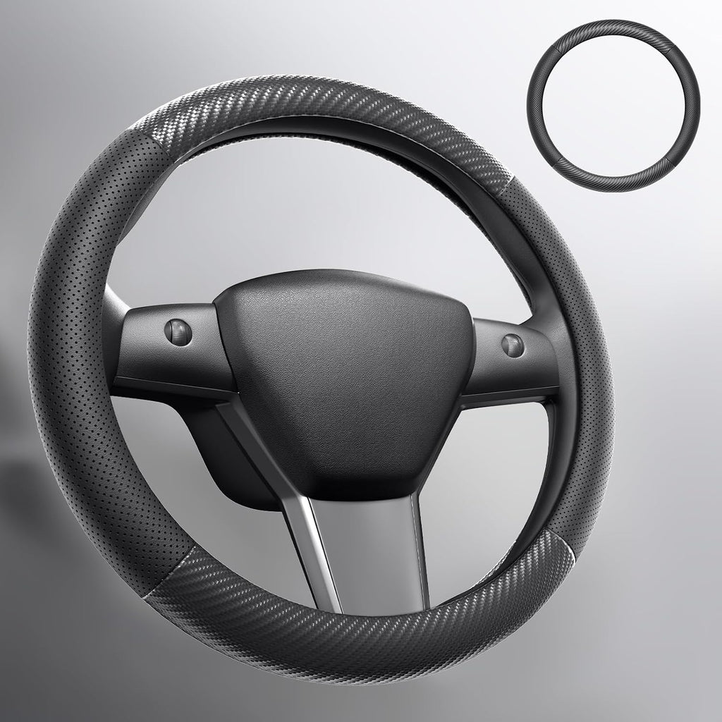 Wigoo Funda de volante para accesorios de modelos 20-24 Y/ 17-23 Model 3, redonda para Tesla Model Y 20-24 y Model 3 17-23 de piel de napa premium con piel de fibra de carbono para agarre