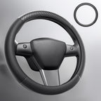 Wigoo Funda de volante para accesorios de modelos 20-24 Y/ 17-23 Model 3, redonda para Tesla Model Y 20-24 y Model 3 17-23 de piel de napa premium con piel de fibra de carbono para agarre