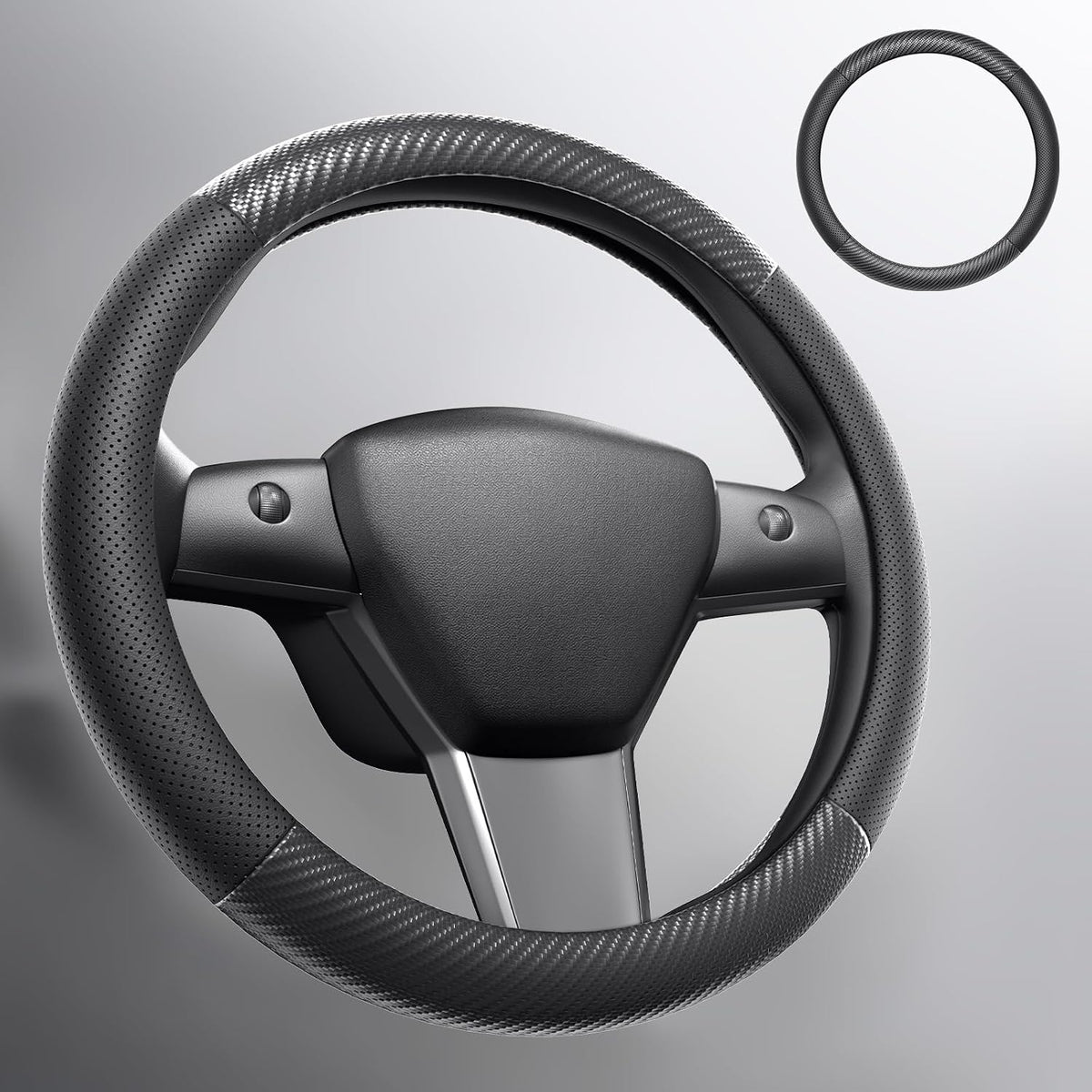 Wigoo Funda de volante para accesorios de modelos 20-24 Y/ 17-23 Model 3, redonda para Tesla Model Y 20-24 y Model 3 17-23 de piel de napa premium con piel de fibra de carbono para agarre