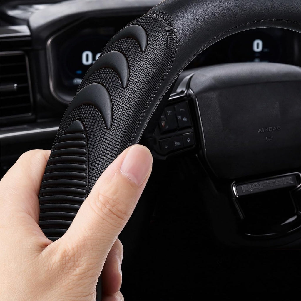 Yangday Funda de cuero para volante para Ford F150 F250 F350, 15.5-16 pulgadas Funda para volante de coche con partícula antideslizante de masaje (Negro)