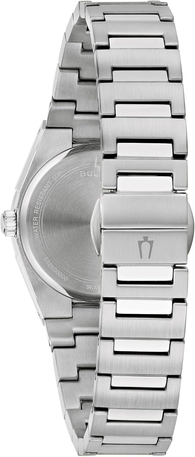 Bulova - Reloj de vestir clásico de cuarzo de tres manecillas con calendario y fecha para mujer, brazalete de acero inoxidable, esfera con patrón, 28mm