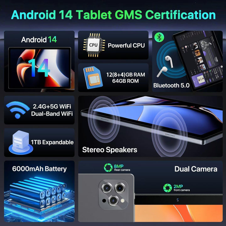 Tuotatop Tablet Android 2026 con Gemini AI, 12GB+64GB+1TB Expand, t...