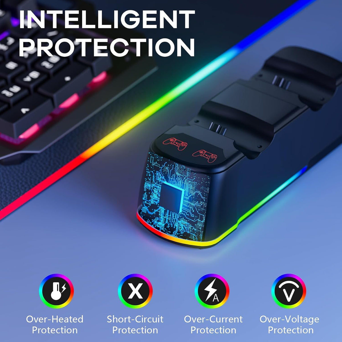 AROEVEIB Paquete de 2 Mandos con Base de Carga para Controlador PS4, Gamepad Inalámbrico con Estación de Carga LED y 2 Cables USB