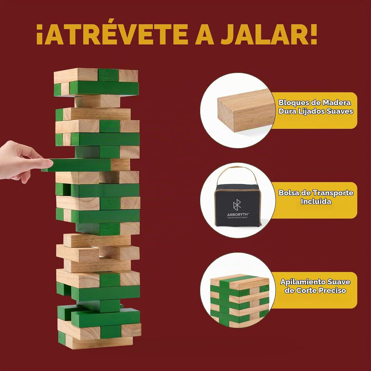 Juego de torre de apilamiento de madera, verde natural, 1.3 pies