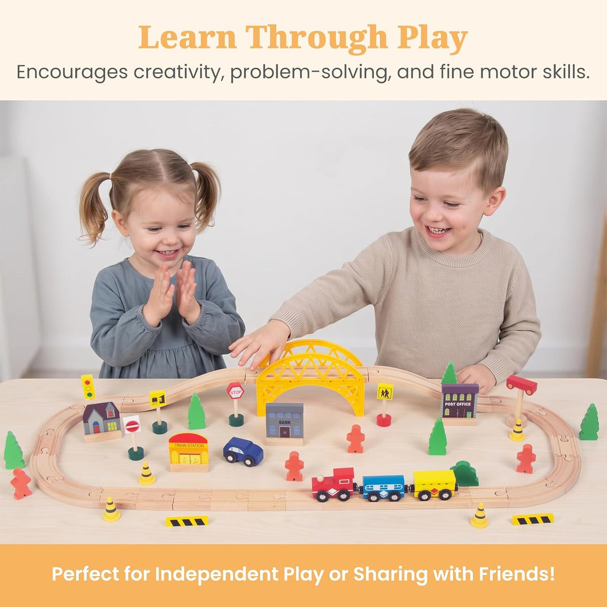 Juego de tren de 60 piezas para niños de 3 años, vías de juego de tren de madera de doble cara para niños pequeños, compatible con Brio, Thomas, Melissa y Doug, juguetes de tren de madera para niños y