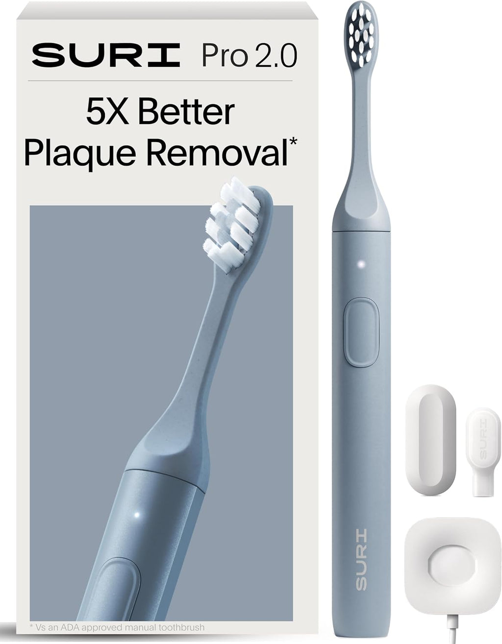 SURI Cepillo de dientes eléctrico Pro Sonic | Batería para más de 4 semanas | Sensor de presión | Cuerpo de aluminio | Temporizador de 2 minutos | Cabeza a base de plantas | Azul