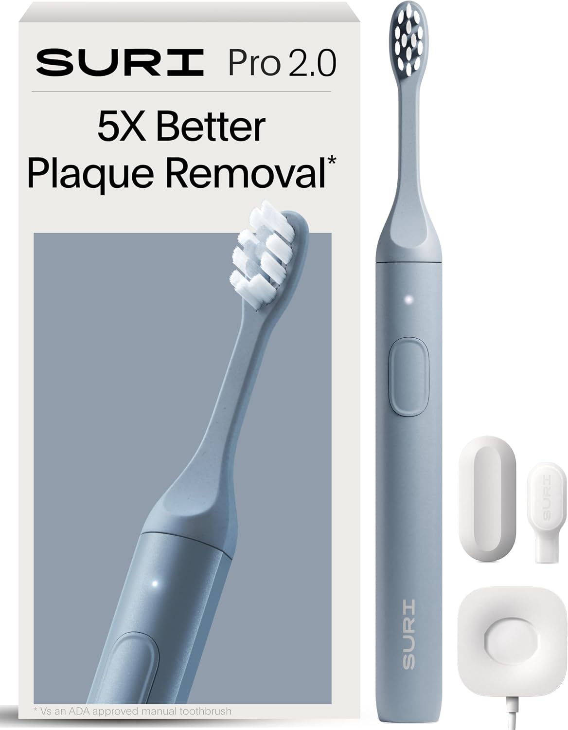 SURI Cepillo de dientes eléctrico Pro Sonic | Batería para más de 4 semanas | Sensor de presión | Cuerpo de aluminio | Temporizador de 2 minutos | Cabeza a base de plantas | Azul