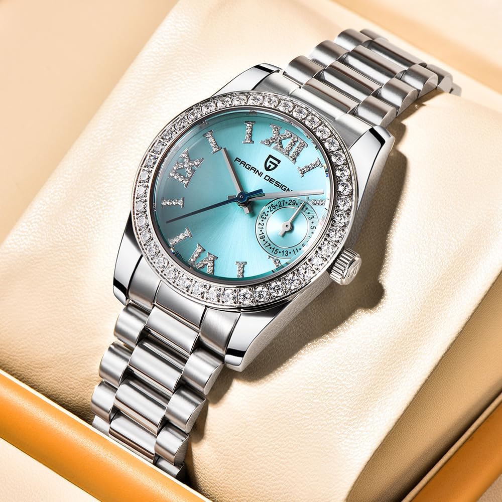 HaiQin Pagani Design - Reloj de cuarzo elegante para mujer, serie de diamantes, correa de acero inoxidable, movimiento japonés, impermeable, ligero, reloj de pulsera de lujo con fecha