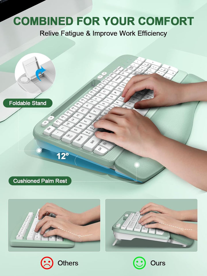 Teclado inalámbrico ergonómico con reposamuñecas acolchado, teclas...