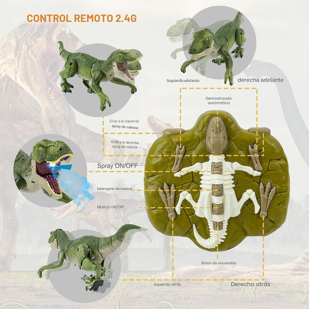 Juguetes de dinosaurio con control remoto para niños de 4 a 7 y de 8 a 12 años - Los mejores regalos de cumpleaños para niños de 4 a 12 años, dinosaurio caminante con rugidos, rociador, luz
