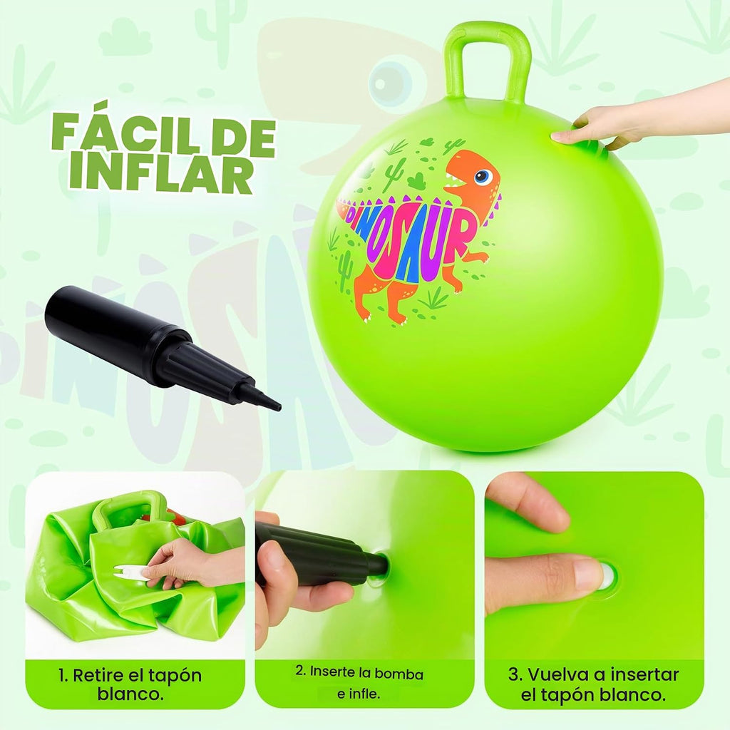 Pelota saltarina PlayZap para niños de 3 a 8 años, bola hinchable verde de 18 pulgadas con dinosaurio y asas, juguetes inflables hippity hop para saltar y rebotar para niños y niñas, para interior y