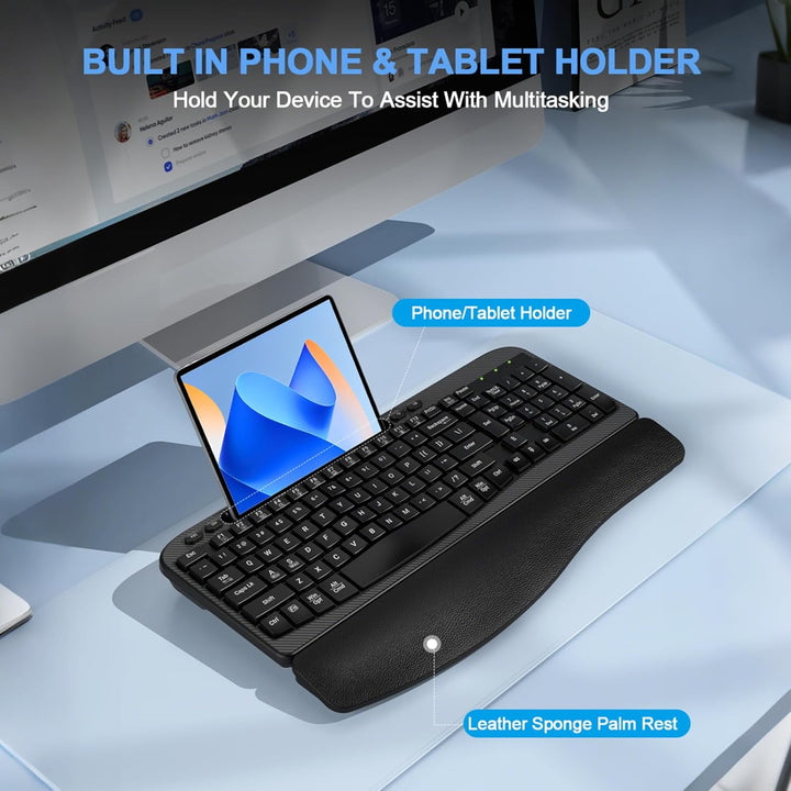 Teclado inalámbrico ergonómico con reposamuñecas acolchado, teclas...