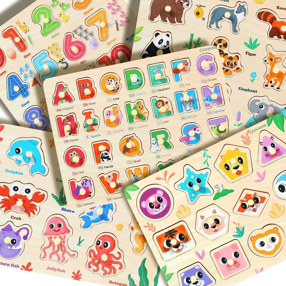 GRINNNIE - Rompecabezas de madera para niños pequeños de 3, 4 y 5 años, juguetes Montessori para niños pequeños, 5 rompecabezas con perilla, número, alfabeto, forma y animal, gran regalo de cumpleaños de Navidad para niños y niñas