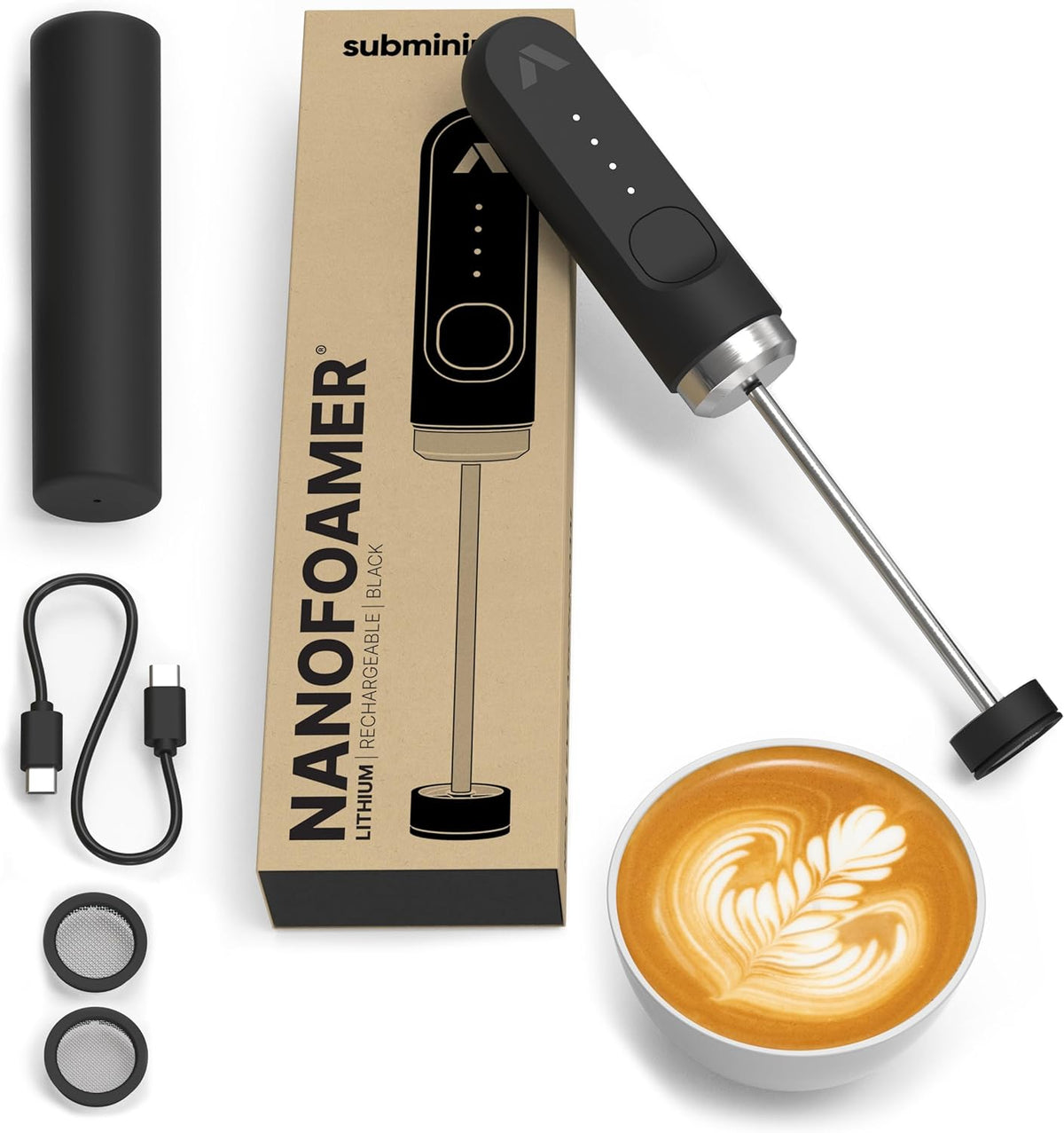 Subminimal NanoFoamer Espumador de Leche de Alto Rendimiento con Litio | Recargable USB-C, Resistente al Agua IP4, Doble Velocidad, Acero Inoxidable | Leche Microespumada Premium en 30 Segundos