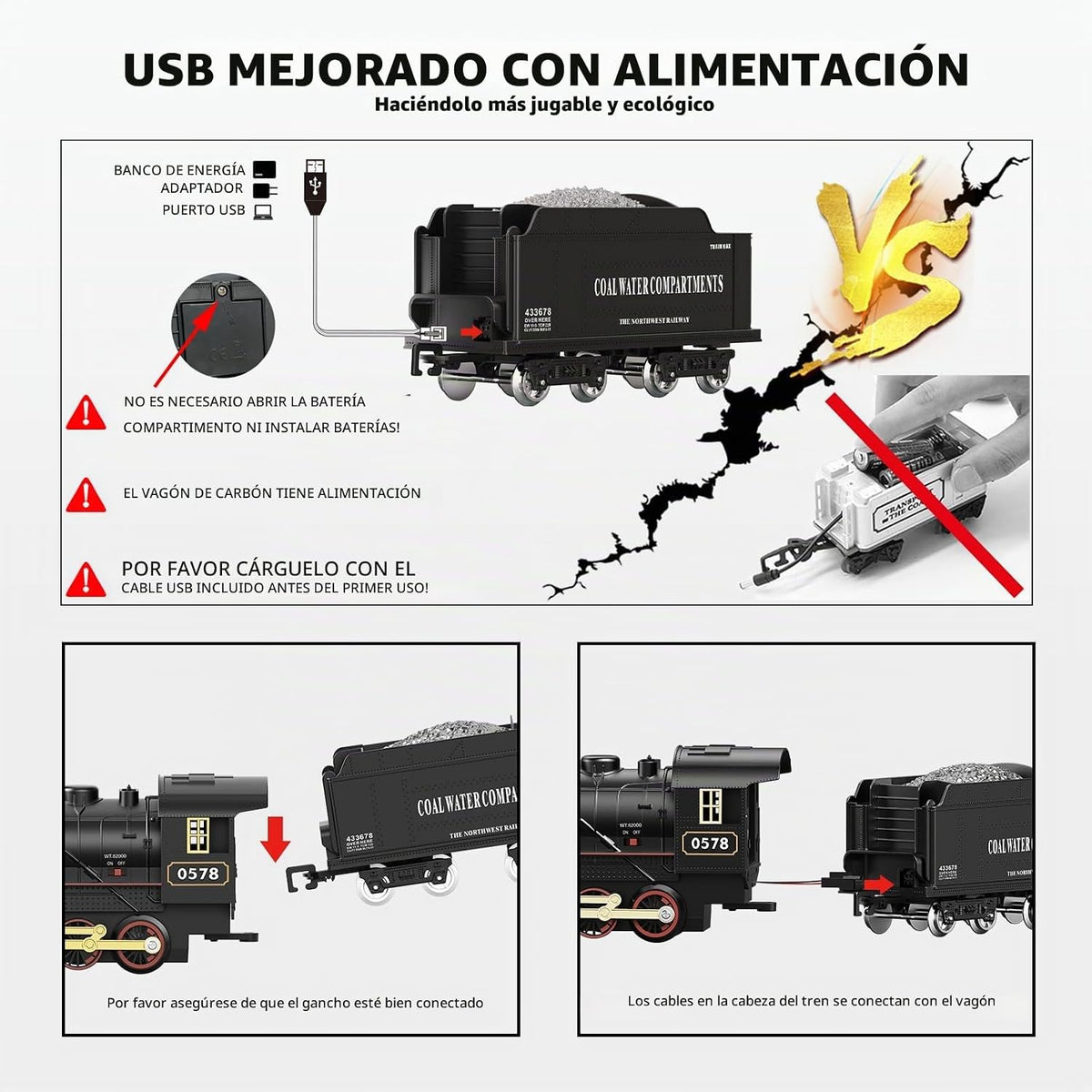 Juego de tren eléctrico a control remoto, locomotora de vapor, vagón de carga y pistas, juguetes de tren para niños con 3 humo, silbato y luces, regalo de cumpleaños de Navidad para niños y niñas de 3, 4, 5, 6, 7