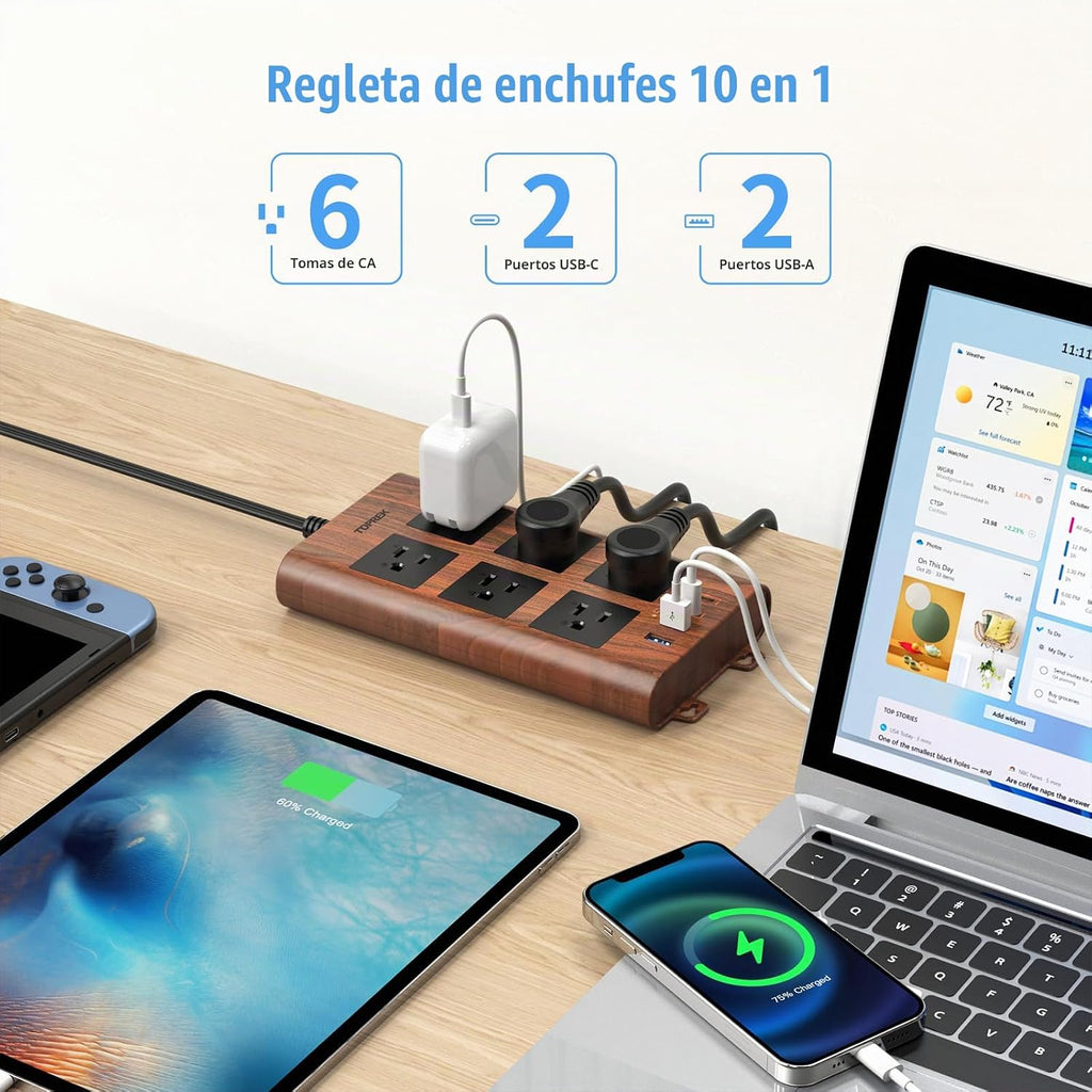 Regleta de protección contra sobretensiones (2100J), 6 tomas de corriente ampliamente espaciadas con 2 USB-C y 2 USB-A, cable de extensión de 6.5 pies con enchufe plano ultrafino, regleta de