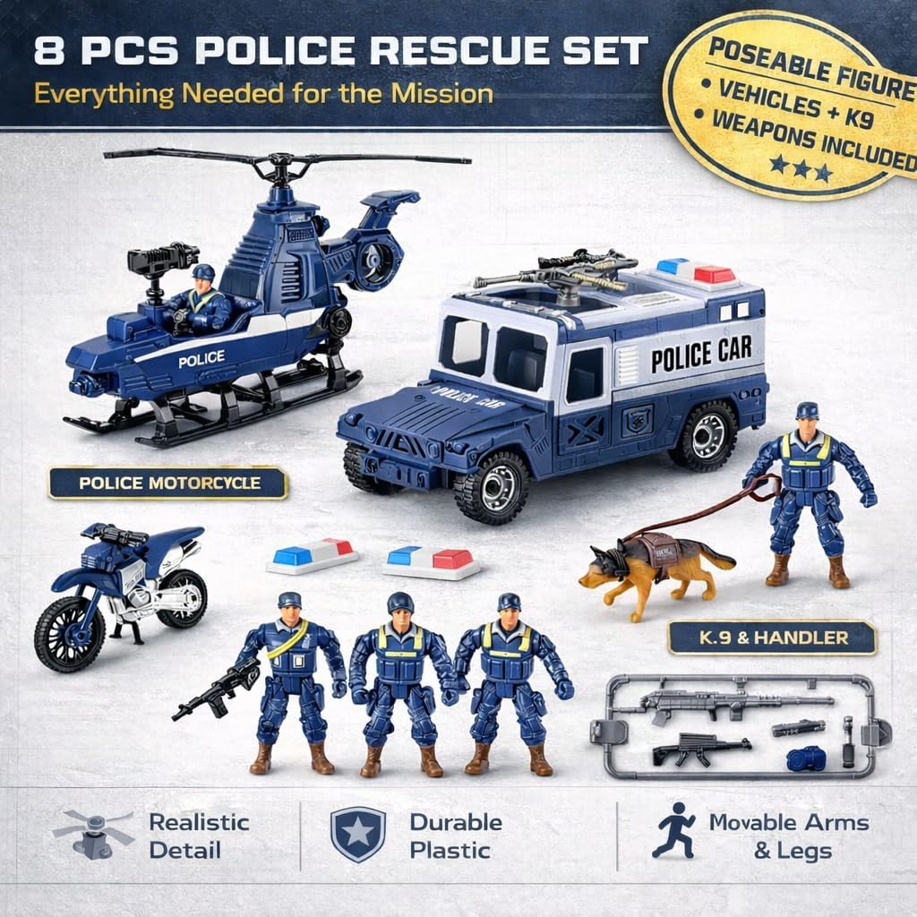Liberty Imports Juego de 8 Piezas de Vehículos de Juguete y Figuras de Patrulla de Rescate Policial - Helicóptero, Camión SWAT, Motocicleta, Figuras de Acción, K-9, Armas y Accesorios para Juego