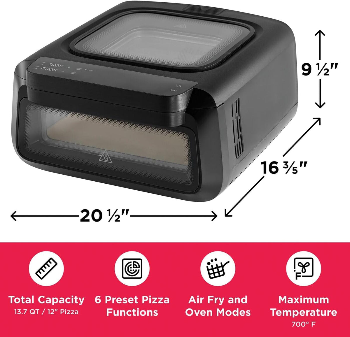 Frigidaire Horno eléctrico para pizza de interior – Alcanza temperaturas de 700 ° F – Hornea a piedra pizzas de 12 pulgadas en minutos – Horno portátil de encimera con freír y hornear al aire