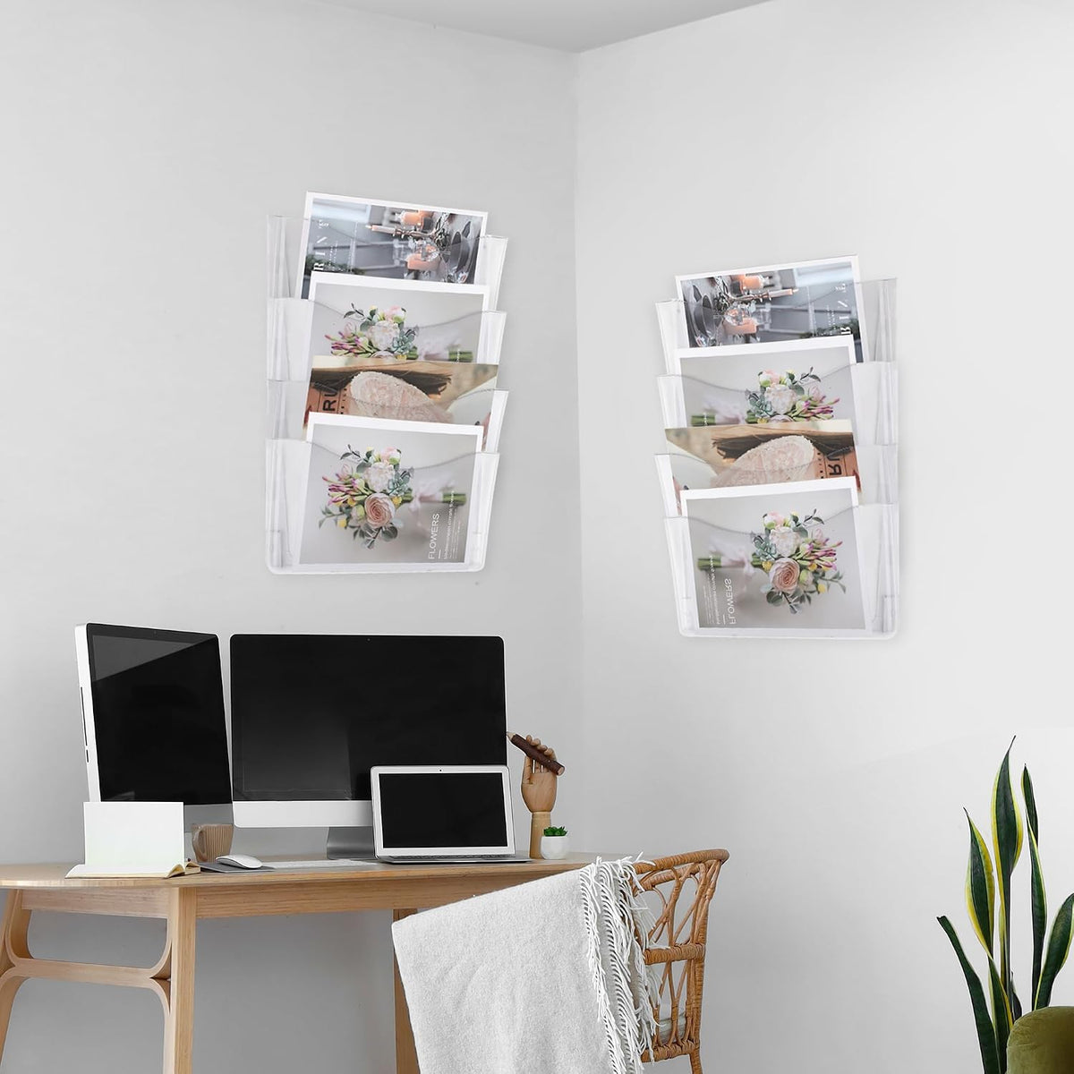 Paquete de 6 organizadores transparentes para colgar archivos de un solo bolsillo, soporte de plástico para revistas, correos de papel, contenedores montados para oficina, escuela y hogar