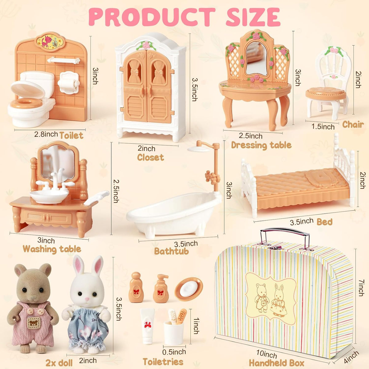 TUZT Juego de muebles de casa de muñecas para niños, mini caja de muñecas con 2 muñecas flexibles y muebles de dormitorio y baño, accesorios de juego de simulación, regalo de cumpleaños de Navidad para niños pequeños a partir de 3 años
