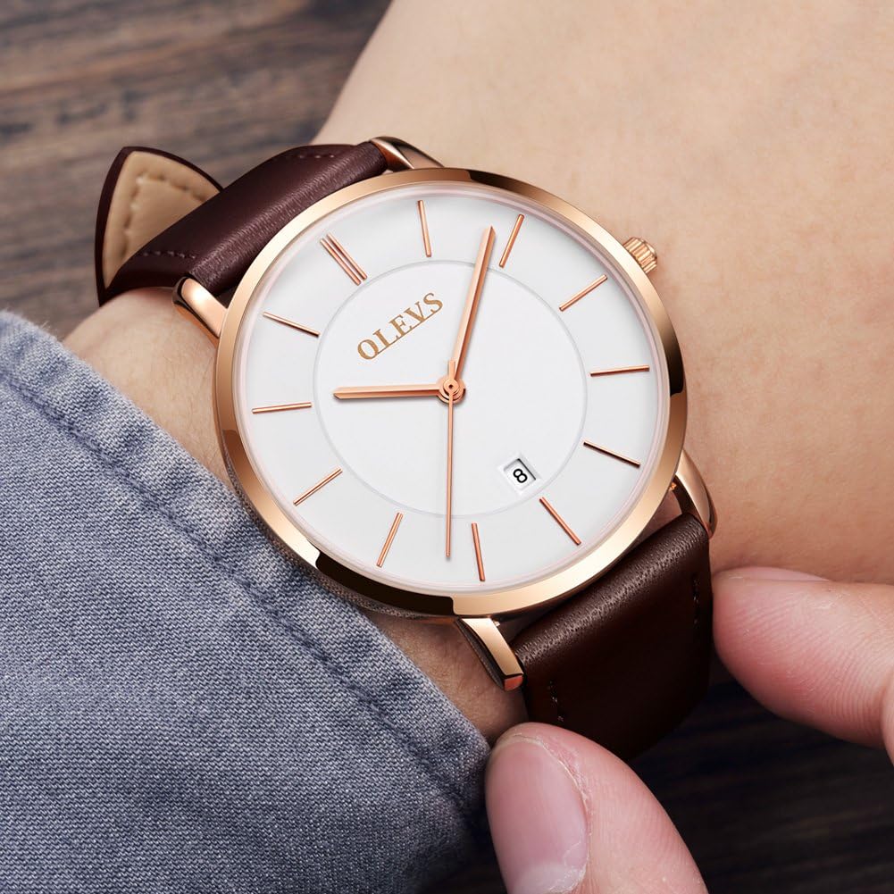 OLEVS Relojes de Hombre de Cuero Negro Ultrafinos 6.5 mm Minimalista Vestir Simple Moda Casual Resistente al Agua con Fecha