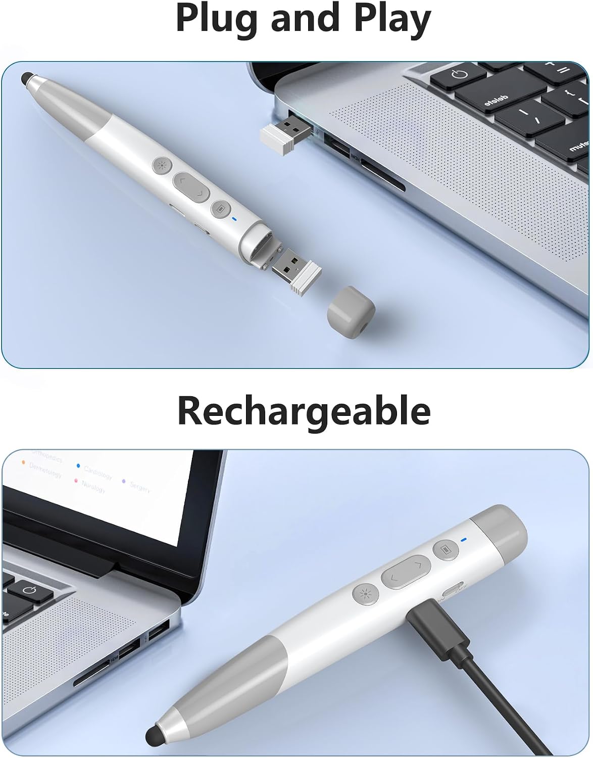Clicker de presentación 4 en 1 con puntero telescópico y lápiz capacitivo, presentador inalámbrico de 2.4 GHz para PowerPoint/Keynote, cordón para profesor, recargable, compatible con tarjeta