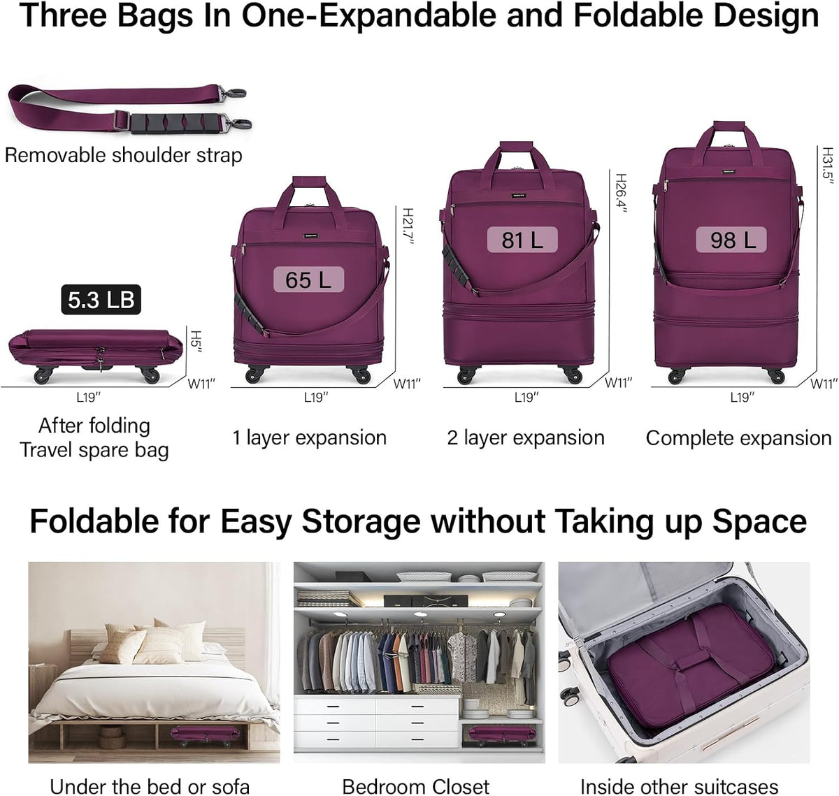 Maletas Hanke con ruedas Bolsa de equipaje expandible plegable Bolsa de viaje colapsable Bolsa rodante de viaje Bolsa de lona para hombres y mujeres Maletas ligeras sin asa telescópica