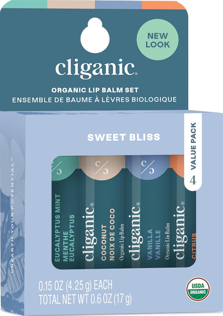 Cliganic Set de bálsamo labial orgánico, 4 sabores, hidratante natu...