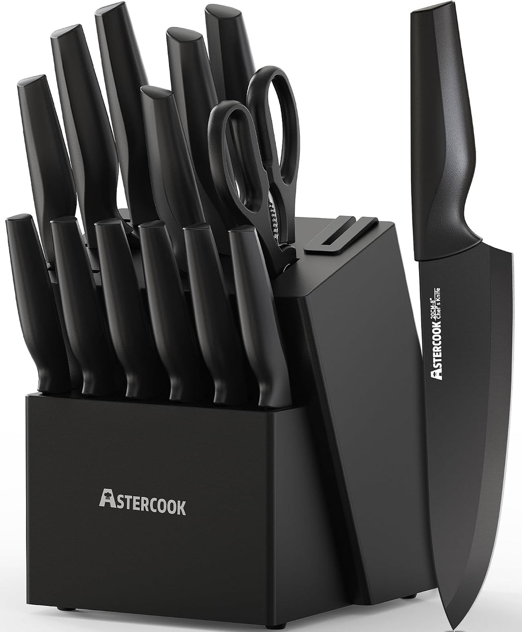 Astercook - Juego de 15 cuchillos de cocina con afilador, color negro