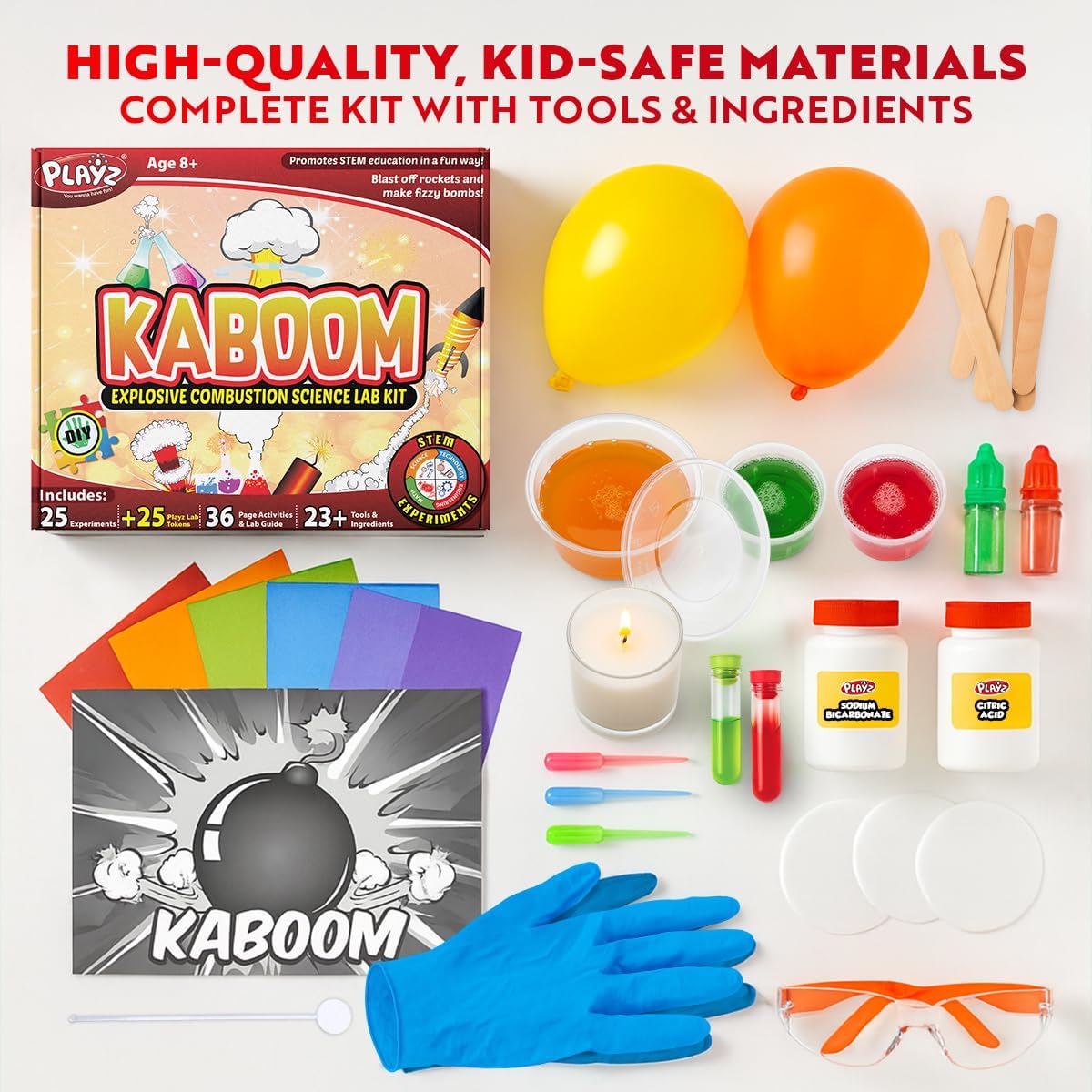 Playz Kaboom! Kit de más de 50 experimentos científicos explosivos para niños de 8 a 12 años con 25 experimentos de fichas de Playz Lab - Set de química STEM, juguetes educativos y regalos de