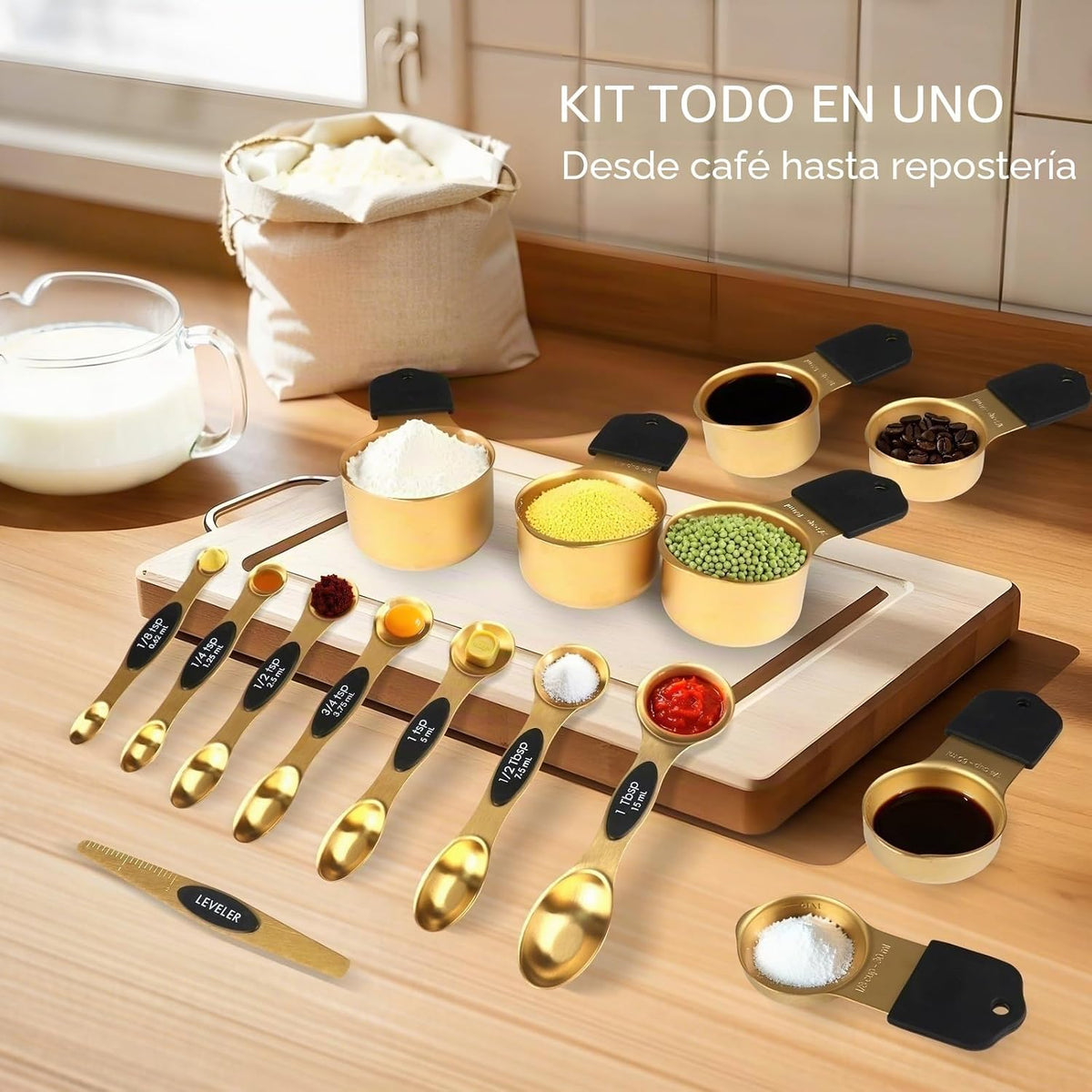 Juego de tazas y cucharas medidoras de acero inoxidable de 16 piezas, fuerte diseño de anidación magnética, 7 tazas, 8 cucharas con nivelador, marcas de medición dobles para ingredientes secos y