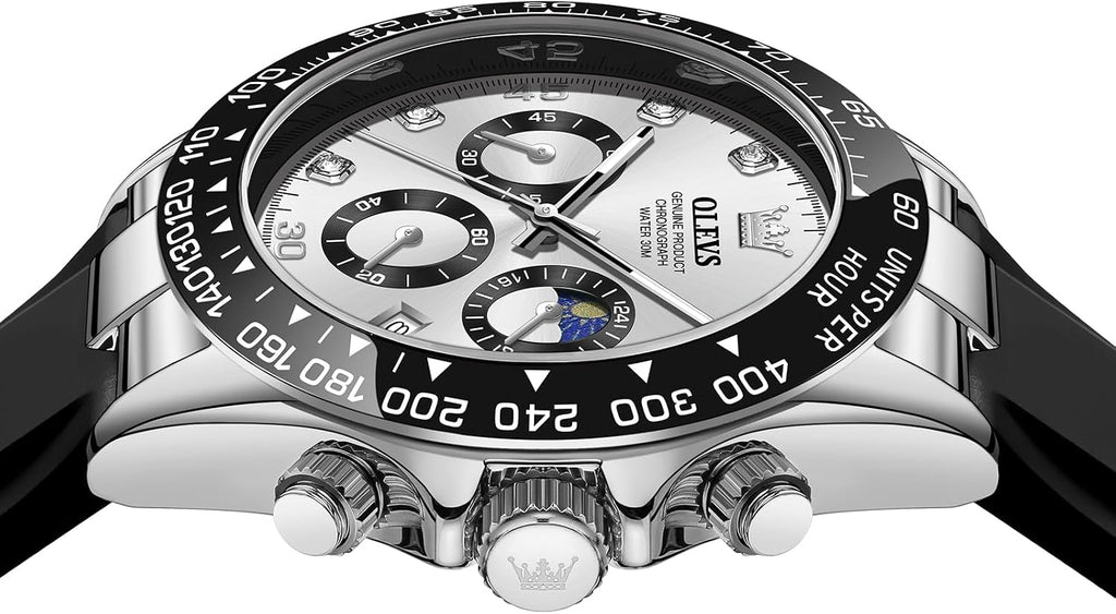 OLEVS Relojes de pulsera analógicos de cuarzo para hombre, cronógrafo, multifunción, fase lunar, fase luminosa, banda de silicona, relojes de pulsera