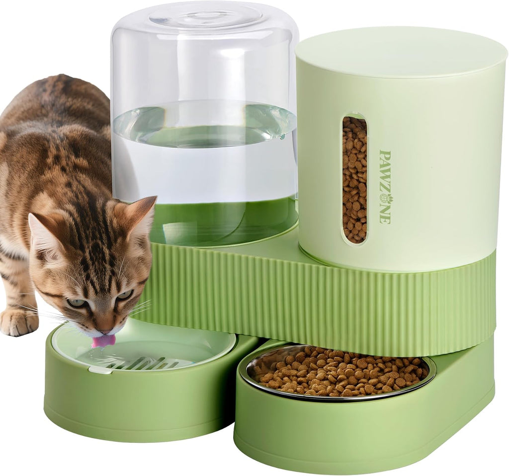 Alimentador automático para gatos, dispensador de agua de acero inoxidable, alimentador de alimentos por gravedad y bebedero con cuenco de comida para mascotas, para gatitos pequeños y medianos, cachorros, mascotas, gran capacidad (verde)