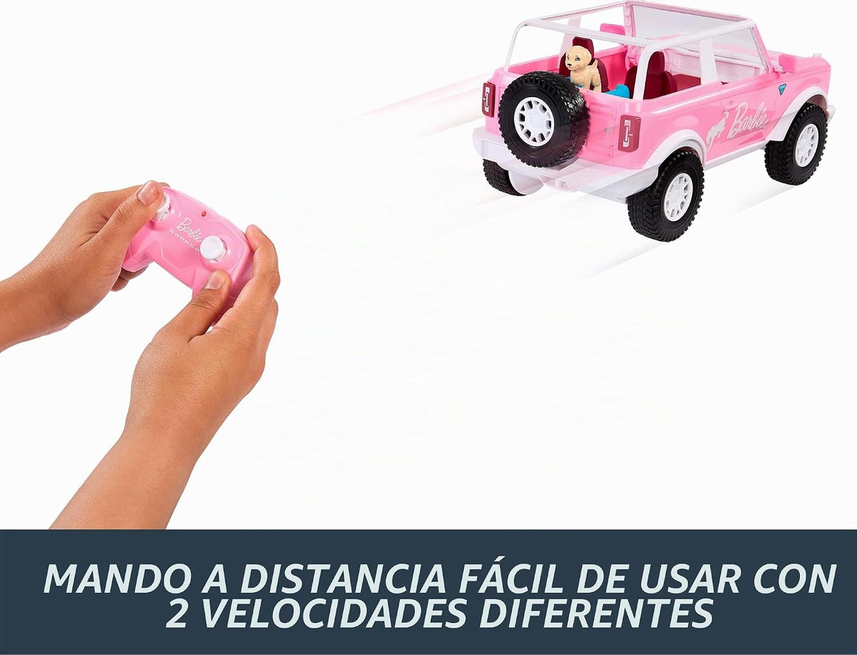 Hot Wheels RC Barbie Ford Bronco - Auto de juguete con control remoto, vehículo RC con accesorio para cachorros, cama y cuenco para perro, además de calcomanías para personalización, se adapta a 2