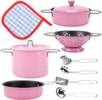 Juego de cocina de acero inoxidable para niños, 11 piezas, ollas y sartenes, juego de utensilios de cocina de juguete con utensilios y soporte para ollas, accesorios de cocina de metal para niños y