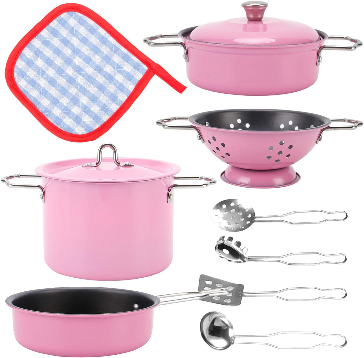 Juego de cocina de acero inoxidable para niños, 11 piezas, ollas y sartenes, juego de utensilios de cocina de juguete con utensilios y soporte para ollas, accesorios de cocina de metal para niños y