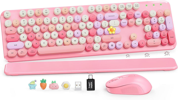 Combo de teclado y mouse inalámbricos, bonito teclado retro con tec...