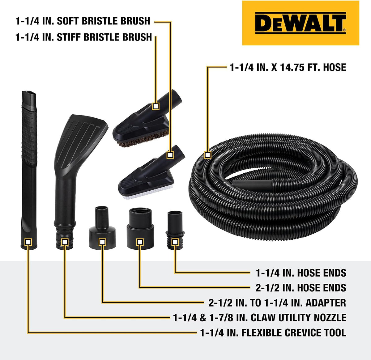DEWALT Kit de accesorios de manguera de vacío para detalles de automóviles de 8 piezas, accesorios de aspiradora de tienda para limpieza eficiente, compatible con la mayoría de aspiradoras húmedas y