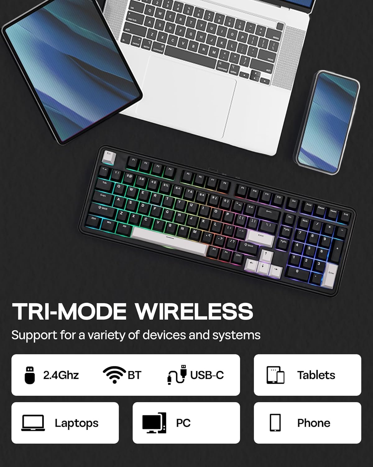 EPOMAKER Teclado mecánico inalámbrico de tres modos TH99 con batería, Negro, Creamy Jade