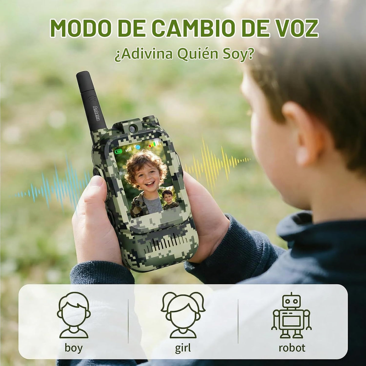 Walkie Talkies de video para niños, paquete de 2 juguetes de radio de camuflaje de 2 vías para niños de 3 a 12 años, walkie talkie de mano de largo alcance para acampar al aire libre, senderismo, el