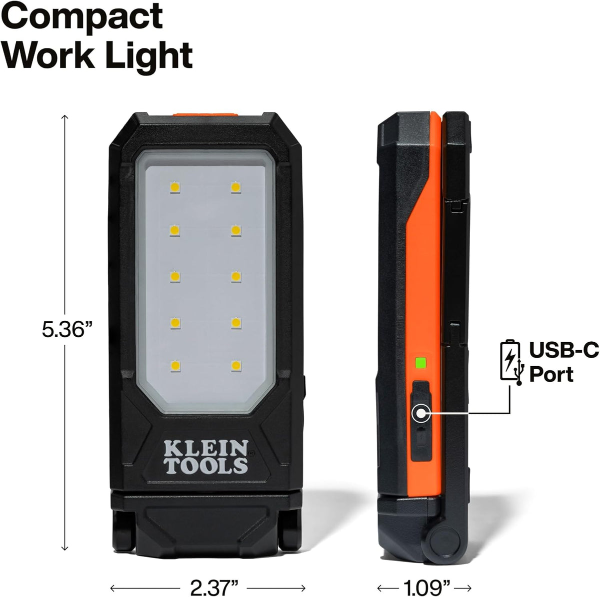 Klein Tools 56079 Luz de trabajo personal recargable delgada, 500 lúmenes, linterna portátil LED magnética, rotación de 360 grados y mosquetón, luz de inspección recargable USB-C