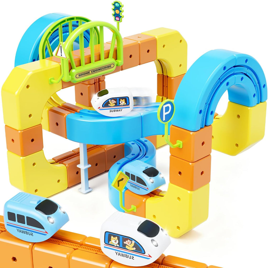 Juego de tren eléctrico para niños de 4 a 8 años, tren 3D Infinity Racer para niños pequeños, juguete de construcción de fusión con pista de carreras antigravedad, regalo divertido de aprendizaje STEM
