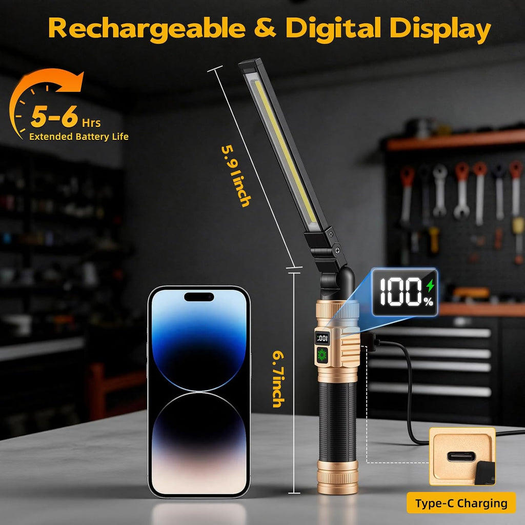 LNRYY Paquete de 2 luces de trabajo magnéticas, 1500 lúmenes altos y luz de trabajo LED recargable de aluminio, 7 modos y rotación de 360°, luz mecánica para reparación de automóviles, regalos del día