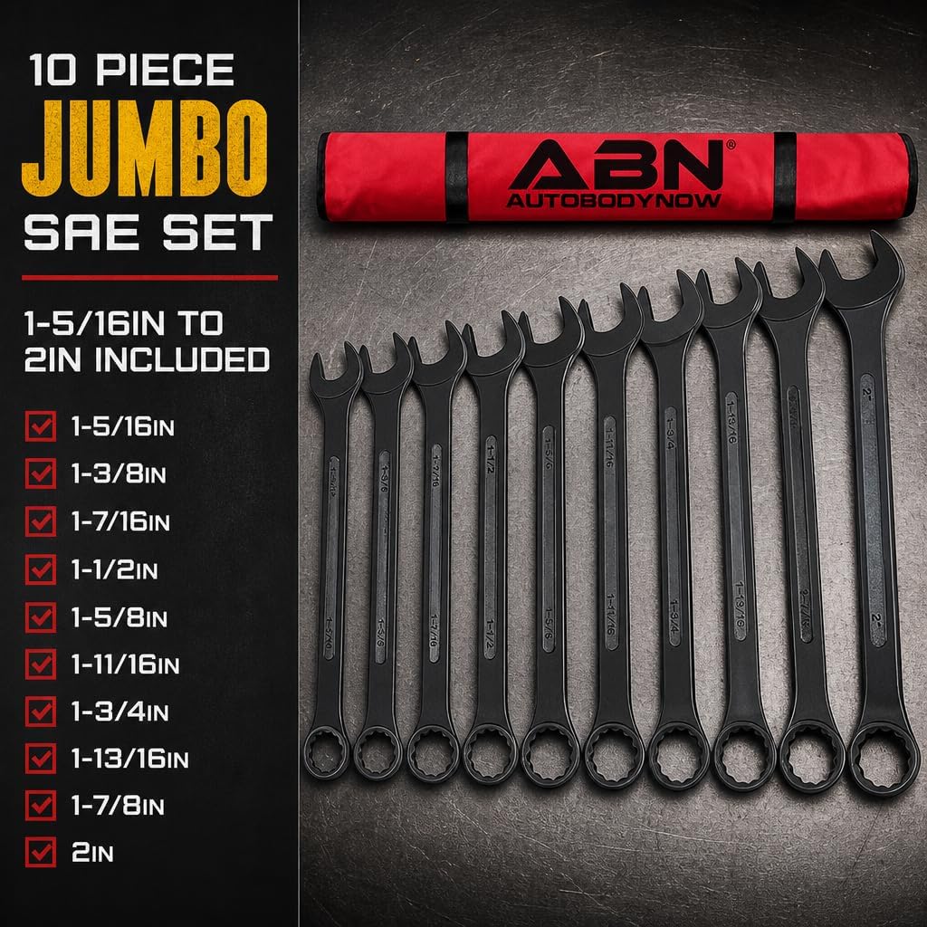 ABN Juego de llaves combinadas grandes SAE 1-5/16 a 2 pulgadas - Juego estándar de 10 piezas de llaves de extremo abierto Jumbo