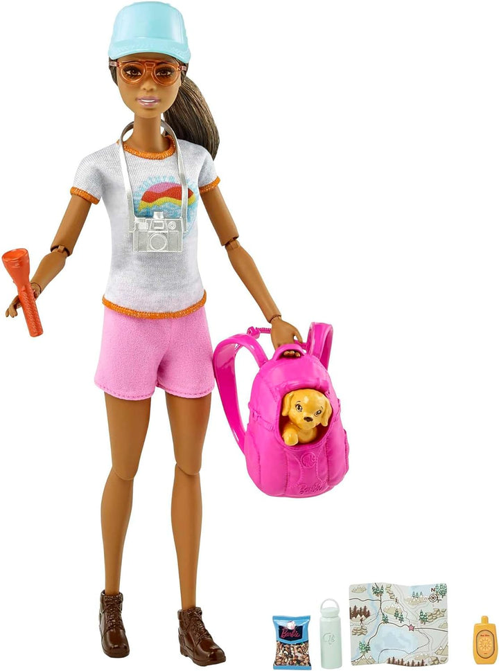 Barbie Muñeca de cuidado personal, muñeca de senderismo morena posa...