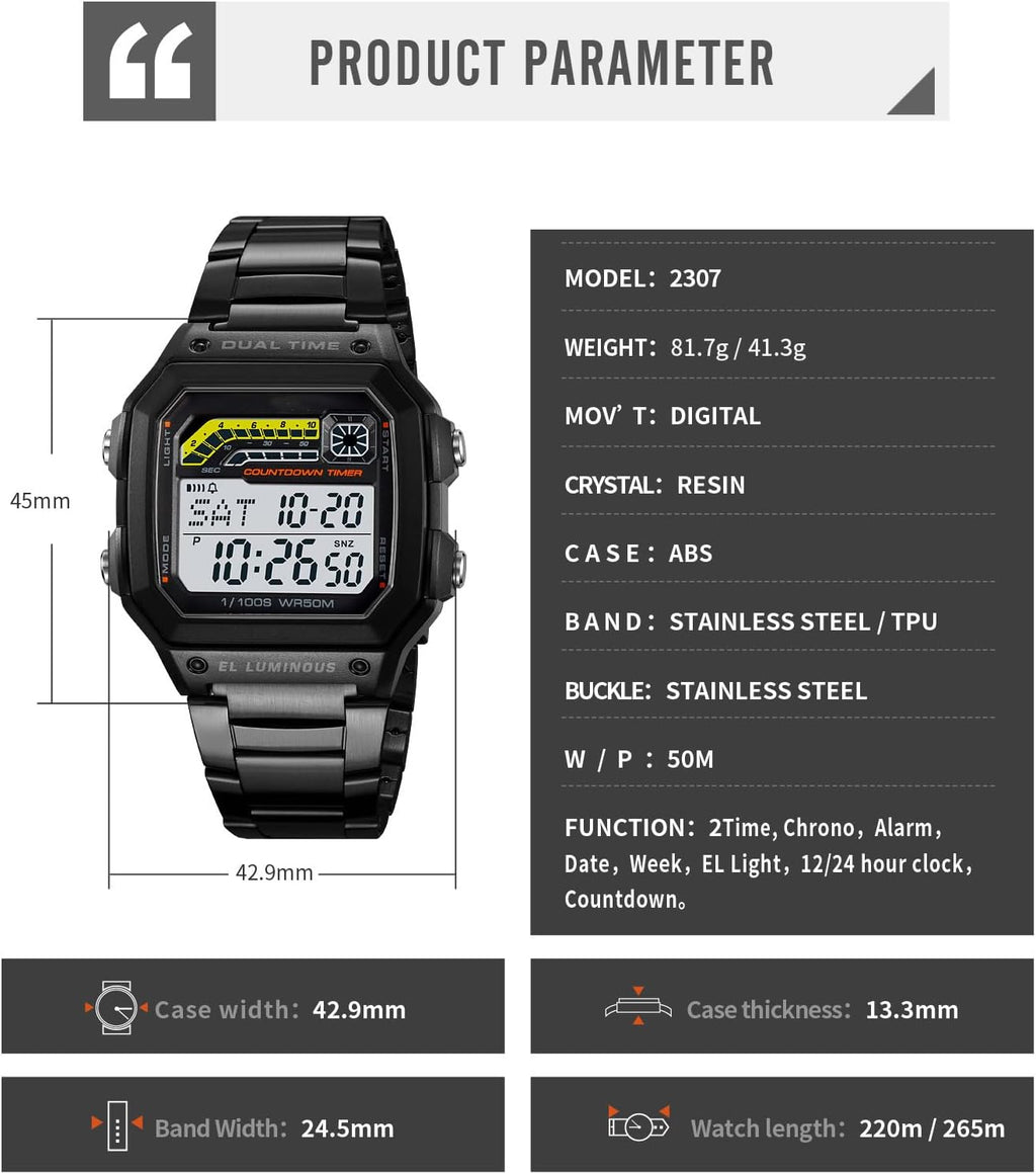 PASOY Reloj de pulsera digital multifunción para hombre, con hora doble, alarma, cronómetro, cuenta regresiva, retroiluminación, resistente al agua