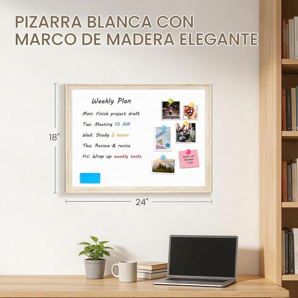 Pizarra blanca magnética para pared, 24 x 18 pulgadas, marco de madera