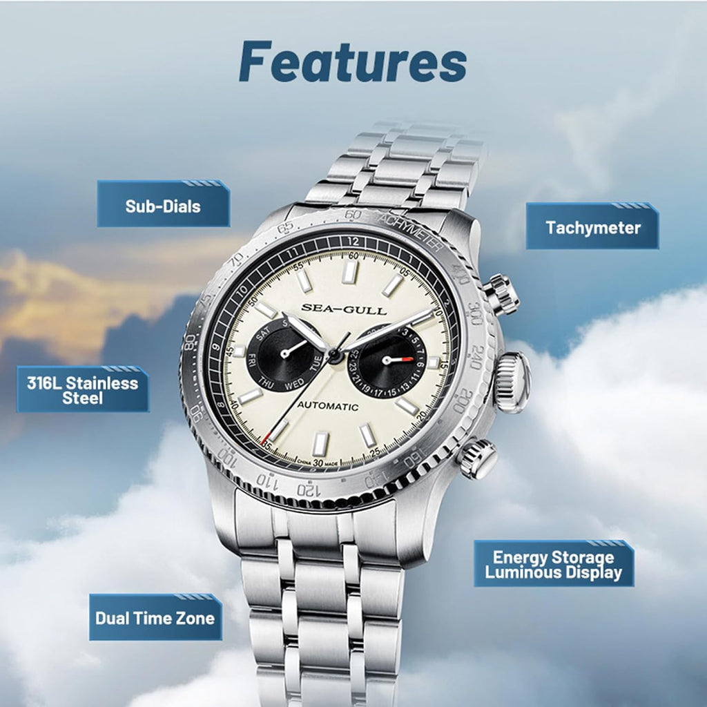 SEA-GULL Relojes mecánicos para hombre, GMT con calendario dual, diseño ojo de panda, reloj de pulsera automático, Seagull ST2502, taquímetro, luminoso, 6177